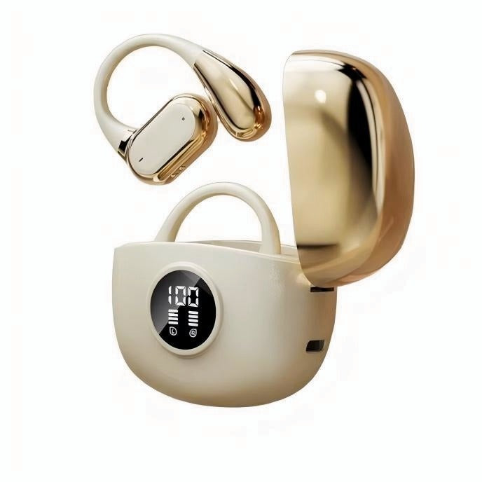 Premium Gold Finish Wireless Ear Hook Earbuds with LED Display Charging Case