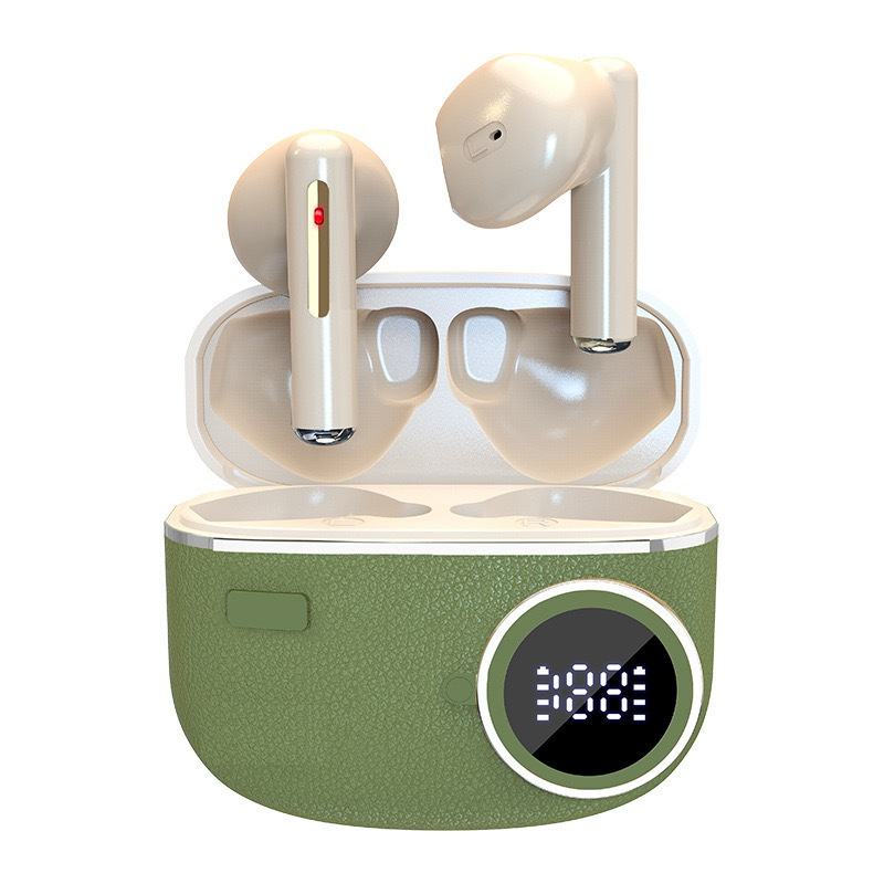 Stylish Green TWS Wireless Earbuds with LED Digital Display & Premium Leather-Texture Case