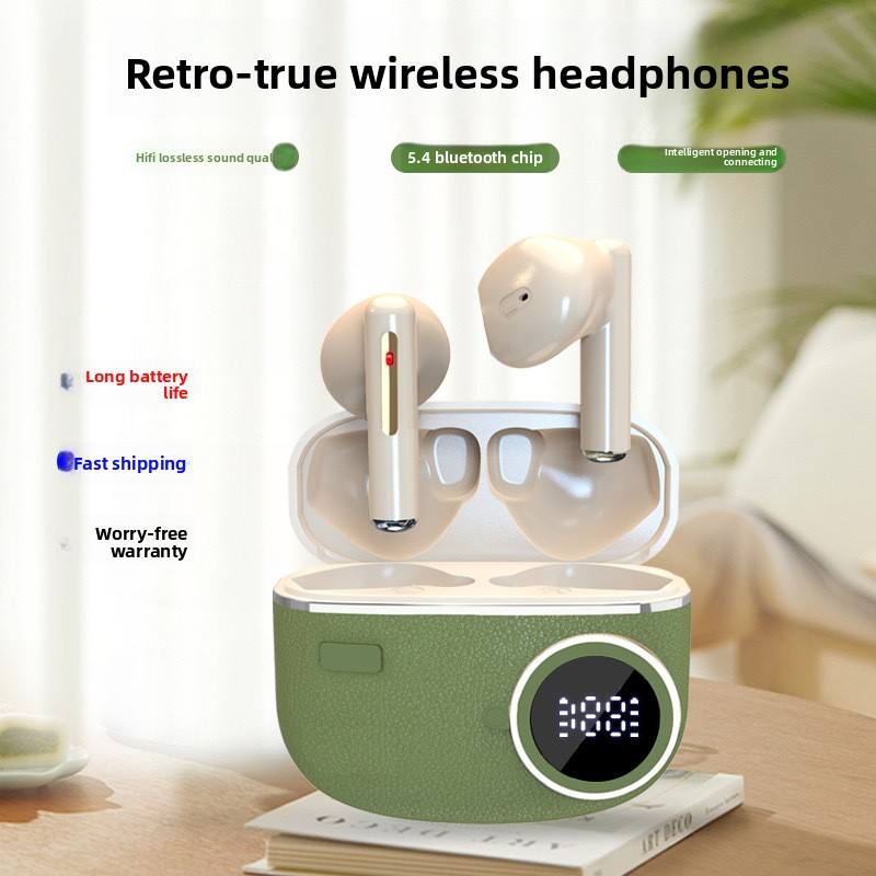 Stylish Green TWS Wireless Earbuds with LED Digital Display & Premium Leather-Texture Case
