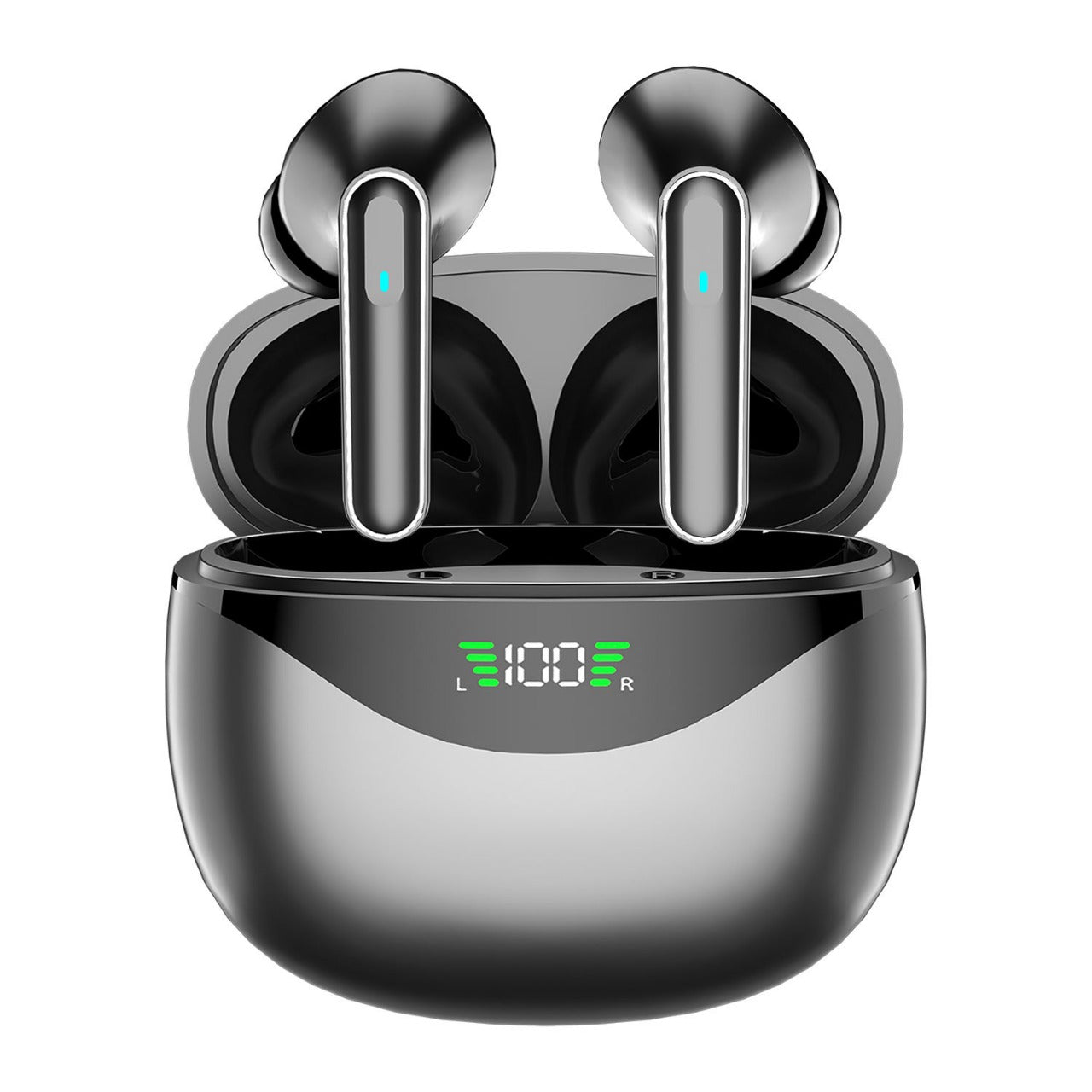Metallic Black TWS Wireless Earbuds with LED Battery Indicator & Deep Bass Sound