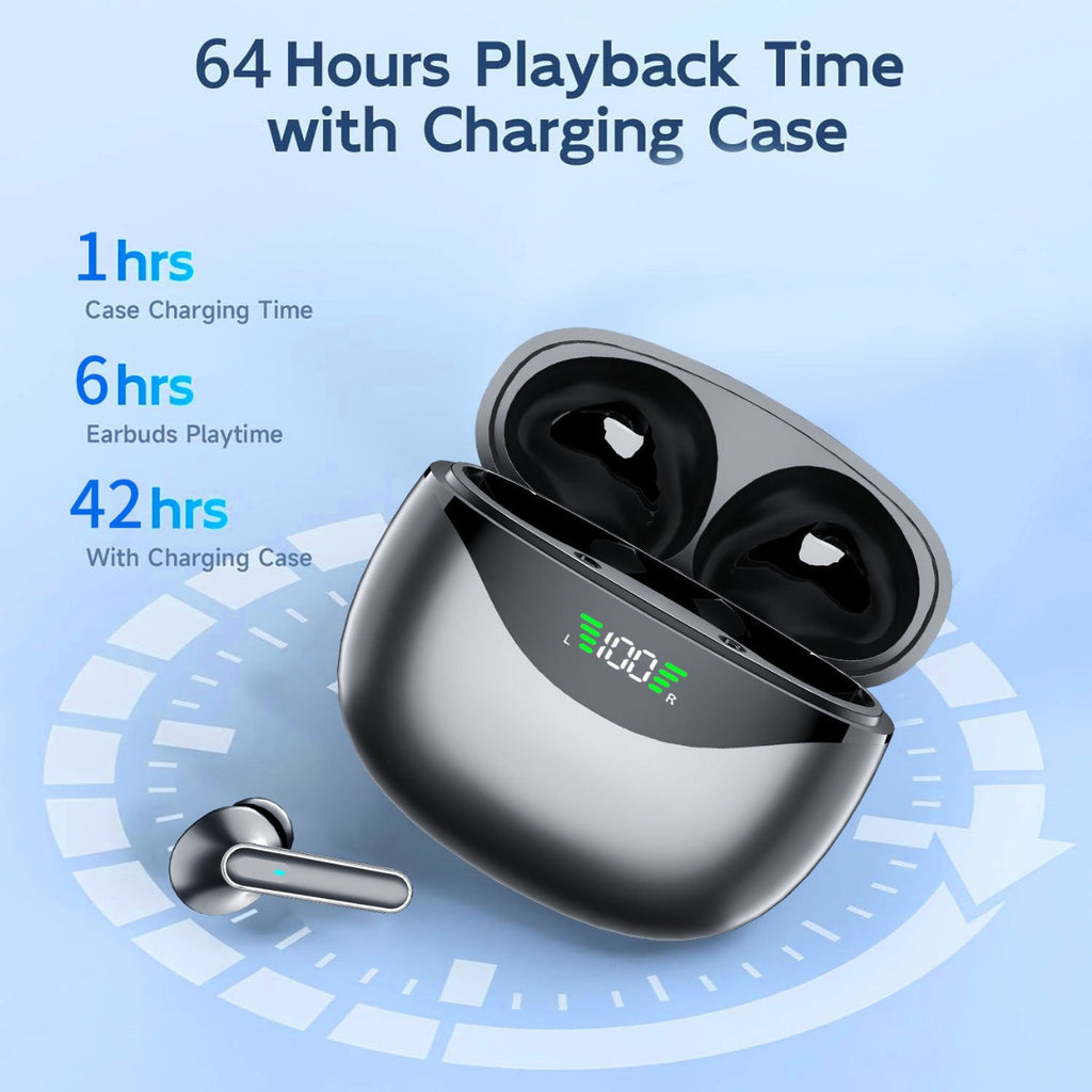 Metallic Black TWS Wireless Earbuds with LED Battery Indicator & Deep Bass Sound