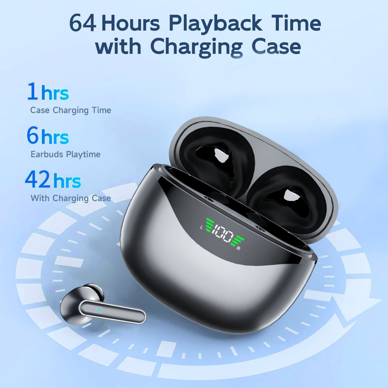 Metallic Black TWS Wireless Earbuds with LED Battery Indicator & Deep Bass Sound