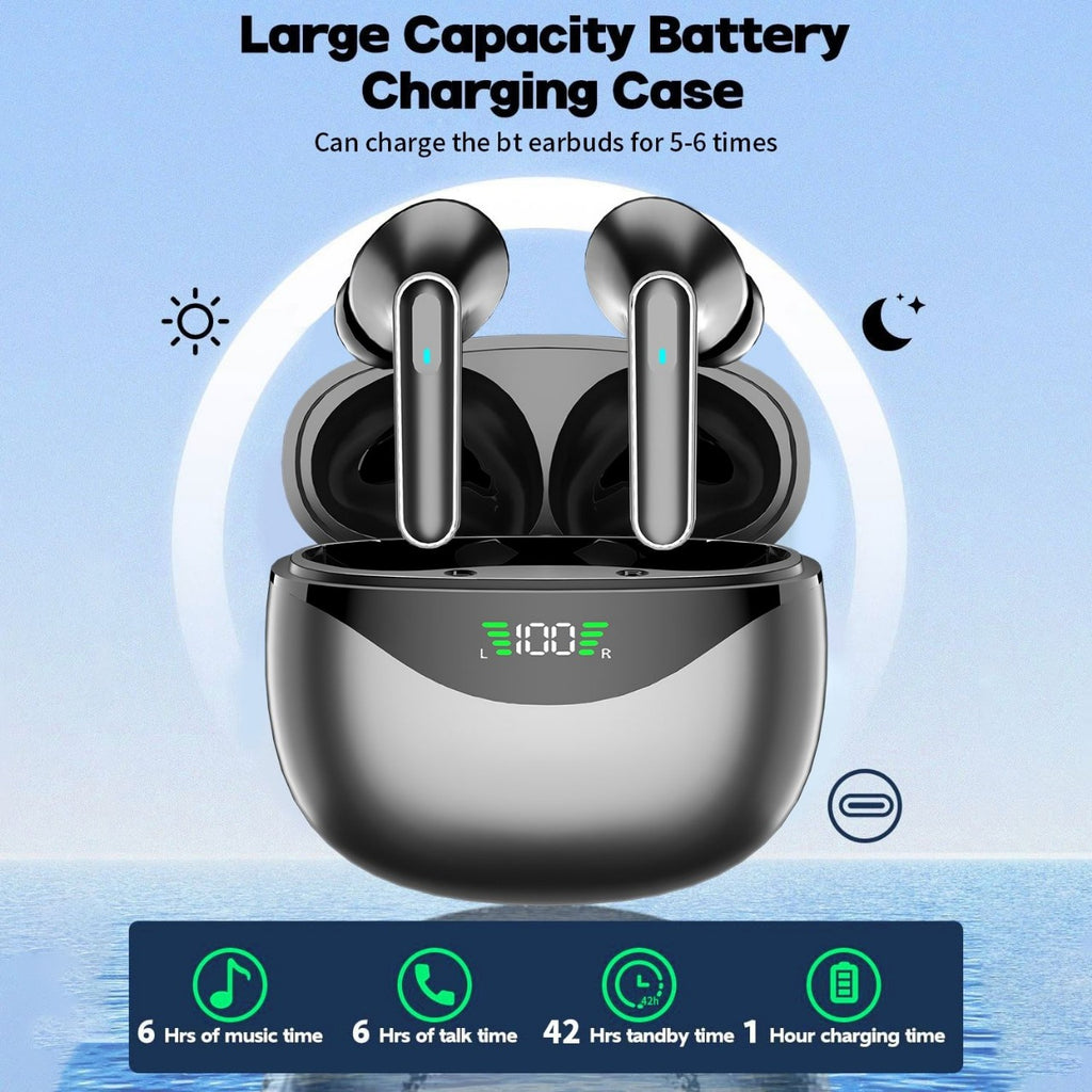 Metallic Black TWS Wireless Earbuds with LED Battery Indicator & Deep Bass Sound