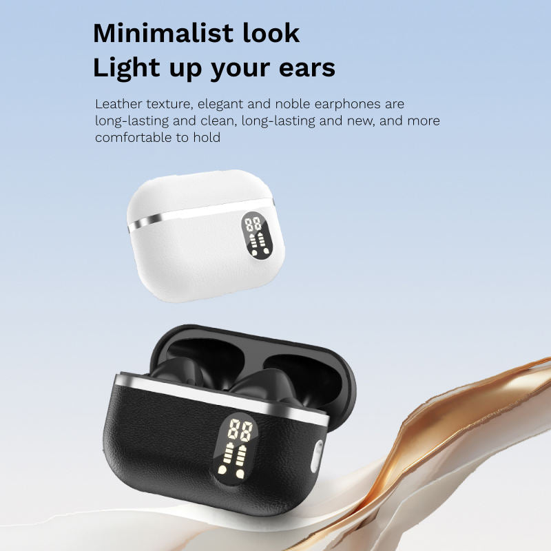 ProBass Black TWS Wireless Earbuds with LED Battery Display & Leather-Texture Charging Case