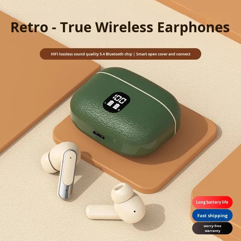 Classic Brown Leather-Texture TWS Earbuds with LED Display & Beige Premium Ear Tips