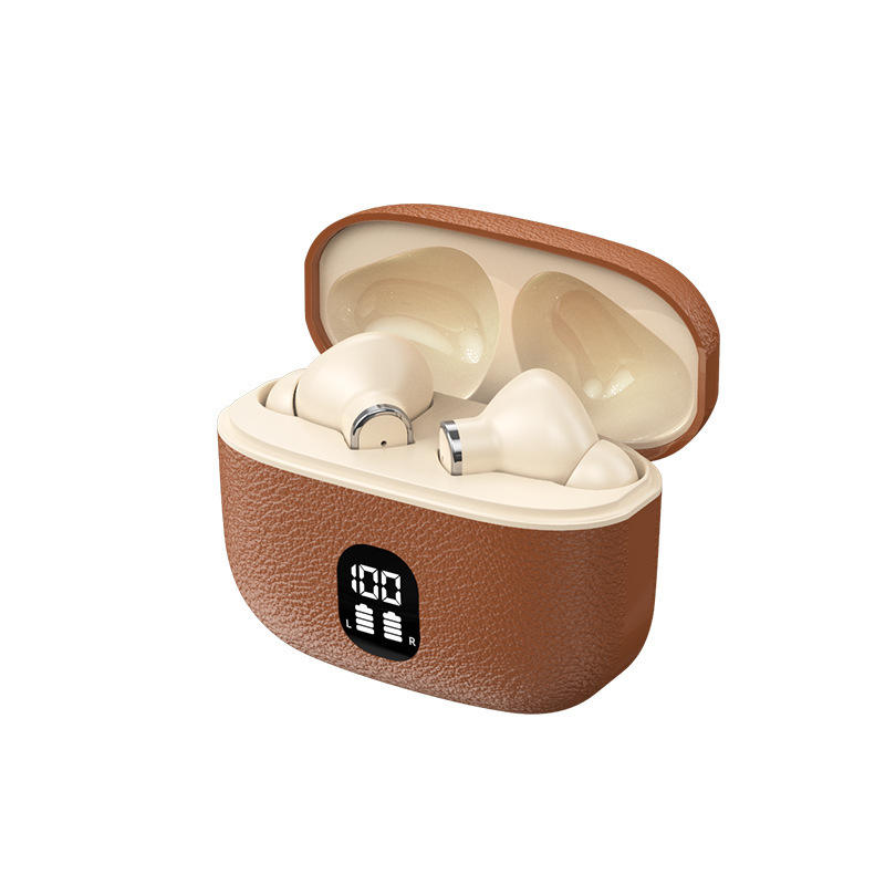 Classic Brown Leather-Texture TWS Earbuds with LED Display & Beige Premium Ear Tips