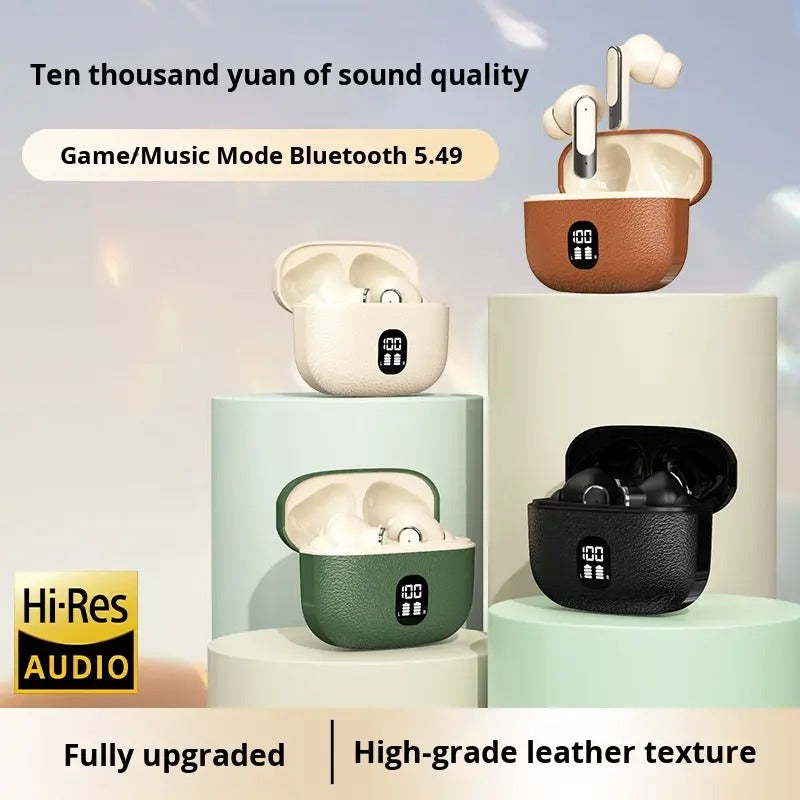 Classic Brown Leather-Texture TWS Earbuds with LED Display & Beige Premium Ear Tips