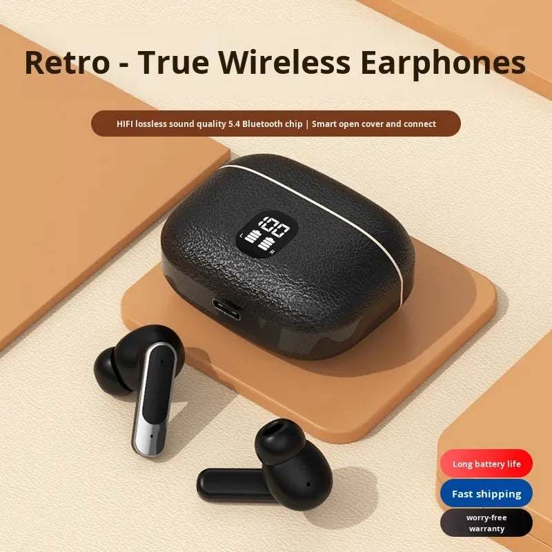 Classic Brown Leather-Texture TWS Earbuds with LED Display & Beige Premium Ear Tips